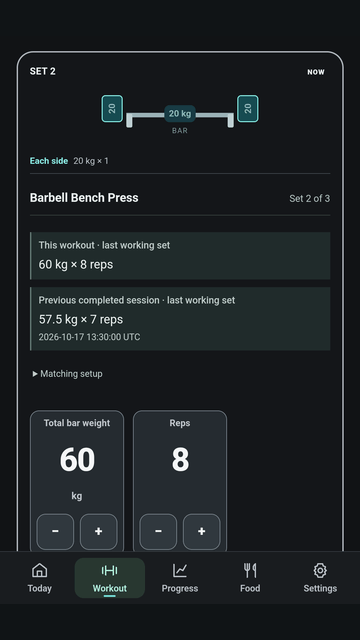 Example active workout set with editable weight, reps and a plate guide