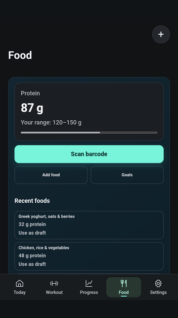LiftNext Food screen with example protein-only summary and recent foods