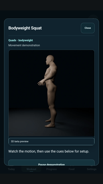Example exercise guide screen with a beta 3D movement preview