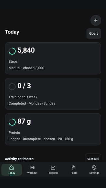 LiftNext 0.7.2 Today dashboard with example steps, training and protein